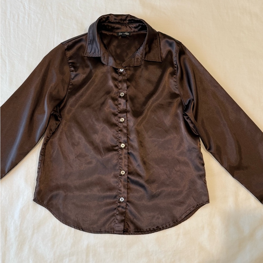 Brown Satin Button-Up Shirt
